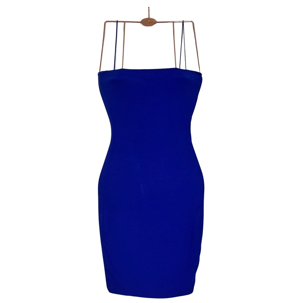 Royal Blue mini spaghetti strap dress ribbed double layer club dress